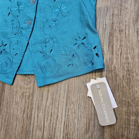 Vtg Casual Corner Linen Vest Women 4 Blue Embroidered Floral Boho Eyelet Cottage - Picture 4 of 8